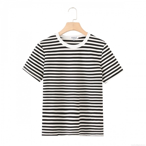 Women's Slim Fit Cotton Blend Short Sleeve T-Shirt Casual Round Neck Summer Pullover Basic Solid Color Striped Tee Top for Women