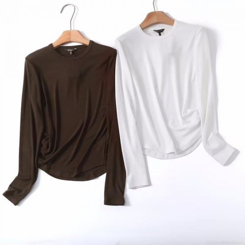 Women's Slim Fit Cotton Blend Long Sleeve T-Shirt Crew Neck Curved Hem Solid Color Casual Basic Base Layer Top For Spring Autumn