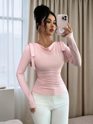 Women Cowl Neck Long Sleeve T-Shirt Slim Fit Polyester Spandex Top With Shoulder Ribbons Light Pink Sweet Base Layer Tee For Spring Autumn Daily Wear