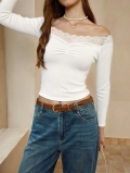 Women's Off-The-Shoulder Lace Trim Long Sleeve Top Vintage Sweet Cropped Ribbed Knit T-Shirt Slim Fit Solid Color Elegant Pullover Blouse For Dating Daily Wear
