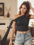 Women's Sexy Polka Dot One Shoulder Crop Top With Tie Up Bow Shoulder 95% Polyester 5% Elastane Slim Fit Summer Casual Sleeveless Top