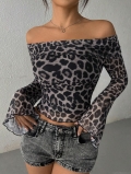 Women's Sexy Leopard Print Off-Shoulder Bell Sleeve Mesh Top Slim Fit Long Sleeve Streetwear Party Clubwear Crop Blouse Polyester Spandex