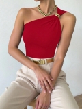 Sexy Women's One Shoulder Red Tank Top With Gold Metal Ring Detail Sleeveless Slim Fit Asymmetric Summer Club Party Tee Polyester Spandex Vest