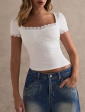 Women Summer Elegant White Square Neck Lace Stitching T-Shirt Slim Fit Ruched Short Sleeve Top Casual Daily Party Polyester Blends Tee