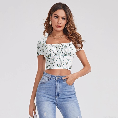 Women's Floral Print Square Neck Crop Top Casual Short Sleeve Drawstring Slim Fit Ribbed T-Shirt Summer Fashion Floral Tee For Women