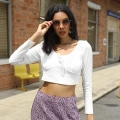 Women's Ribbed Knit Long Sleeve Crop Top White Sexy Ruched Drawstring Round Neck Slim Fit T-Shirt Solid Color Casual Streetwear Fashion Summer Tee