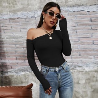 Women Sexy One Shoulder Long Sleeve T-Shirt Ribbed Knit Slim Fit Irregular Neckline Off Shoulder Top Modern Y2K Aesthetic Daily Wear Black