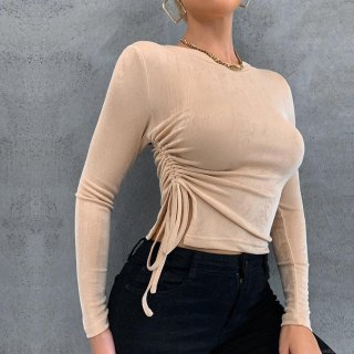 Women's Sexy Slim Fit Polyester Long Sleeve T-Shirt Side Drawstring Ruched Glossy Knit Pullover Round Neck Short Blouse Solid Color Sexy Commuter Top