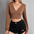 Women's V-Neck Long Sleeve Ribbed Knit T-Shirt Slim Fit Crossover Wrap Cropped Top Lantern Sleeve Solid Brown Casual Base Layer For Autumn Winter