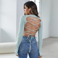 Women's Sexy Backless Tie-Up Knitted Long Sleeve T-Shirt Round Neck Solid Color Polyester Slim Fit Crop Top For Casual Streetwear Women Tops