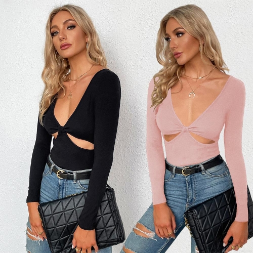 Women's Sexy V-Neck Long Sleeve T-Shirt Knit Waist Hollow Out Knot Design Slim Fit Polyester Basic Top For Party Clubwear
