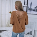 Women's Waffle Knit T-Shirt Sexy Backless V-Neck Criss-Cross Straps Long Sleeve Loose Fit Pullover Top For Autumn Winter Casual Party Fashion Brown