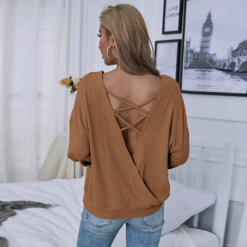Women's Waffle Knit T-Shirt Sexy Backless V-Neck Criss-Cross Straps Long Sleeve Loose Fit Pullover Top For Autumn Winter Casual Party Fashion Brown