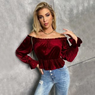 Women's French Elegant Off Shoulder Velvet T-Shirt Long Sleeve Ruffle Trim Ruched Slim Fit Wine Red Polyester Solid Color Commute Tops