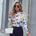 Women's Slim Fit Butterfly Print Long Sleeve T-Shirt Round Neck Cropped Polyester Top Western Street Style Sexy Elastic Tee