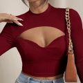 Women Sexy Hollow Out Chest Cup Long Sleeve T-Shirt Elegant Ribbed Knit Mock Neck Crop Top Slim Fit Solid Color Bodycon Top For Party Clubwear
