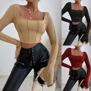 Women Square Neck Ribbed Knit Crop Top Long Sleeve Exposed Seams T-Shirt Sexy Backless Tie Up Slim Fit Tee Spring Summer Fashion Streetwear