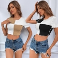 Women Colorblock Exposed Seams Ribbed Knit T-Shirt Slim Fit Short Sleeve Crop Top Sexy Western Style Contrast Patchwork Summer Tee