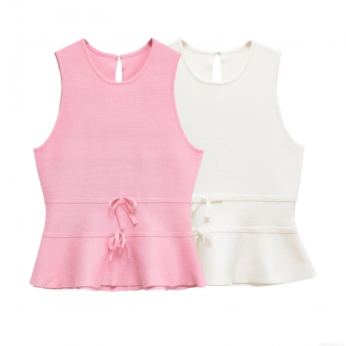 Women's Sleeveless Peplum Knit Top Polyester Bowknot Ruffle Hem Round Neck Casual Summer Solid Color Loose Fit T-Shirt