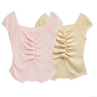 Women's Knit T-Shirt Slim Fit Short Sleeve V-Neck Pleated Button Decor Polyester Knitted Top Chic Streetwear Casual Summer Blouse For Women