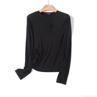 Women's Long Sleeve T-Shirt Solid Color Ribbed Knit Cotton Blend Round Neck Slim Fit Basic Top Casual Daily Pullover Soft Stretch Tee for Ladies