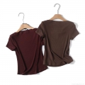 Women's Slim Fit Off-the-Shoulder T-Shirt Ribbed Knit Short Sleeve Top Sexy Cotton Blend Tee For Summer Streetwear Casual Wear Coffee Burgundy