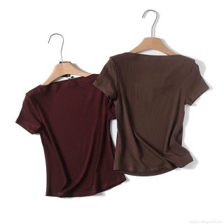 Women's Slim Fit Off-the-Shoulder T-Shirt Ribbed Knit Short Sleeve Top Sexy Cotton Blend Tee For Summer Streetwear Casual Wear Coffee Burgundy