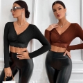 Women's Sexy V-Neck Long Sleeve Crop Top Elegant Ribbed Knit T-Shirt With Lace Trim Slim Fit Solid Color Autumn Summer Casual Streetwear Blouse For Ladies