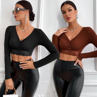 Women's Sexy V-Neck Long Sleeve Crop Top Elegant Ribbed Knit T-Shirt With Lace Trim Slim Fit Solid Color Autumn Summer Casual Streetwear Blouse For Ladies