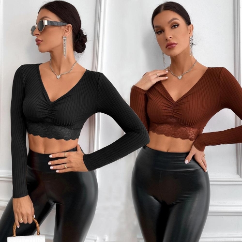 Women's Sexy V-Neck Long Sleeve Crop Top Elegant Ribbed Knit T-Shirt With Lace Trim Slim Fit Solid Color Autumn Summer Casual Streetwear Blouse For Ladies