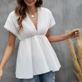 Women V Neck Lace Trim T-Shirt Cotton Batwing Sleeve Loose Boho Summer Top White Short Sleeve Blouse For Vacation Casual Ladies