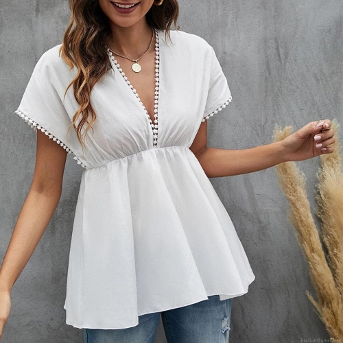Women V Neck Lace Trim T-Shirt Cotton Batwing Sleeve Loose Boho Summer Top White Short Sleeve Blouse For Vacation Casual Ladies