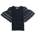 Women's Ribbed Knit T-Shirt With Flutter Embroidery Lace Sleeves Round Neck Casual Viscose Polyester Blend Hollow Out Top For Daily Streetwear Elegant Bohemian Style