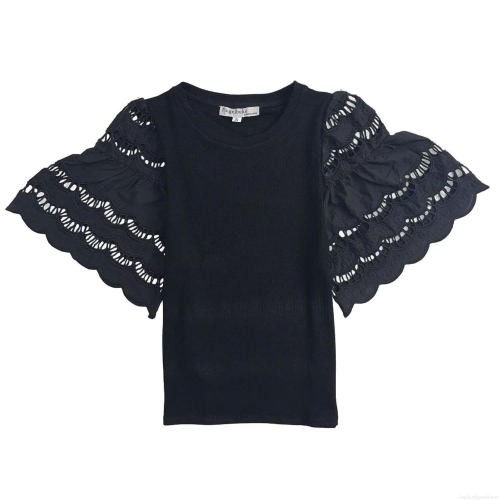Women's Ribbed Knit T-Shirt With Flutter Embroidery Lace Sleeves Round Neck Casual Viscose Polyester Blend Hollow Out Top For Daily Streetwear Elegant Bohemian Style