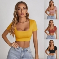 Women's Sexy Square Neck Short Sleeve Crop Top Slim Fit Solid Color Cotton Blend Summer Street Style Ribbed Knit T-Shirt Casual Minimalist Tee