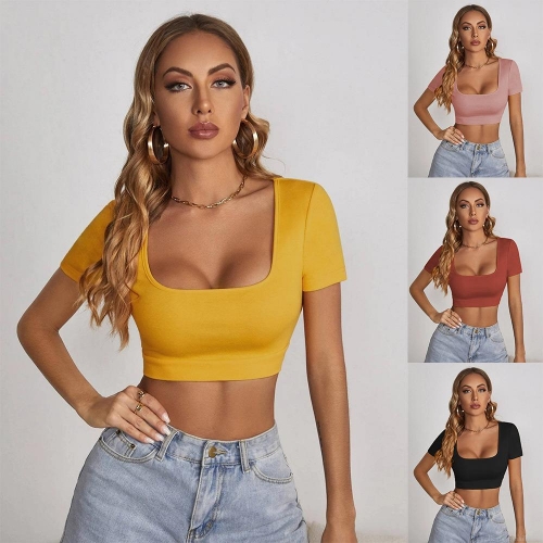 Women's Sexy Square Neck Short Sleeve Crop Top Slim Fit Solid Color Cotton Blend Summer Street Style Ribbed Knit T-Shirt Casual Minimalist Tee