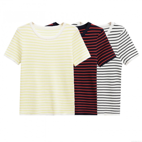 Women's Striped Ribbed Knit T-Shirt Short Sleeve Crew Neck Slim Fit Mercerized Cotton Polyester Blend Casual Summer Striped Top For Women