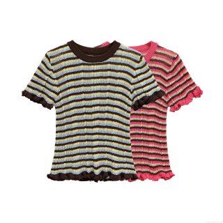 Women Striped Knit T-Shirt Mercerized Cotton Blend Short Sleeve Round Neck Wood Ear Ruffle Hem Casual Streetwear Summer Top For Women
