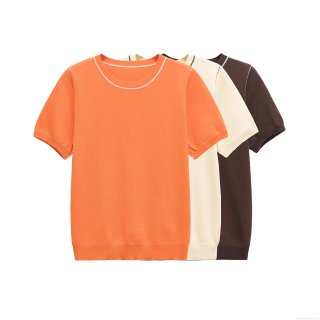 Women's Contrast Trim Knit T-Shirt Round Neck Short Sleeve Mercerized Polyester Top Summer European Streetwear Casual Basic Tee For Women