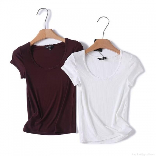Women Ribbed Knit Short Sleeve T-Shirt With Lace Trim Round Neck Slim Fit Cotton Blend Tee Casual Solid Color Basic Top