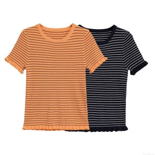Women's Casual Striped Short Sleeve T-Shirt Round Neck Ribbed Knit Top With Ruffle Hem Lettuce Trim Streetwear Summer Clothing