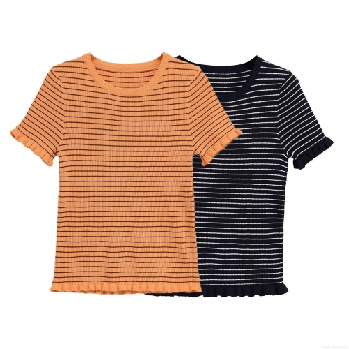 Women's Casual Striped Short Sleeve T-Shirt Round Neck Ribbed Knit Top With Ruffle Hem Lettuce Trim Streetwear Summer Clothing