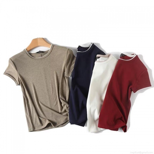 Women's Slim Fit Cotton Blend Round Neck T-Shirt With Contrast Edging Basic Short Sleeve Summer Casual Street Style Tee