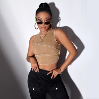 Women's Sexy Khaki Ribbed Crop Top Sleeveless Slim Fit Tank Top With Contrast Seams Basic Round Neck Summer T-Shirt For Streetwear Women