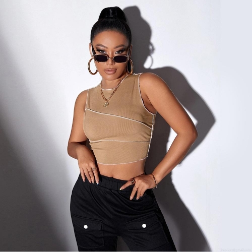Women's Sexy Khaki Ribbed Crop Top Sleeveless Slim Fit Tank Top With Contrast Seams Basic Round Neck Summer T-Shirt For Streetwear Women