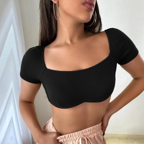 Women's Square Neck Short Sleeve Knit Crop Top Sexy Slim Fit Ribbed Backless T-Shirt Summer Solid Color Basic Tee Women Cotton Viscose Blend