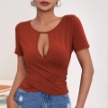 Women's Sexy Hollow Out Short Sleeve T-Shirt Criss Cross V Neck Knit Top Slim Fit Casual Tee With Decorative Buttons For Summer Party