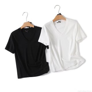 Women's V-Neck Short Sleeve T-Shirt 95% Cotton Simple Basic Solid Color Top Casual European Style Tee for Ladies