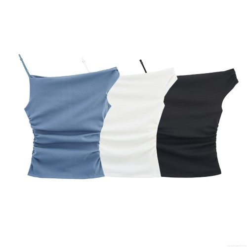 Women's Sexy Asymmetric One Shoulder Ruched T-Shirt Slim Fit Polyester Solid Color Sleeveless Top Summer Casual Streetwear Party Tee For Ladies