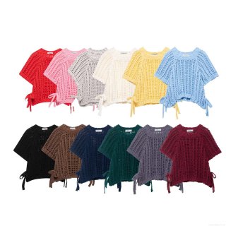 Women's Knit Crochet Hollow Out T-Shirt Round Neck Short Sleeve Top With Side Bow Tie Solid Color Casual Summer Streetwear Tee For Women